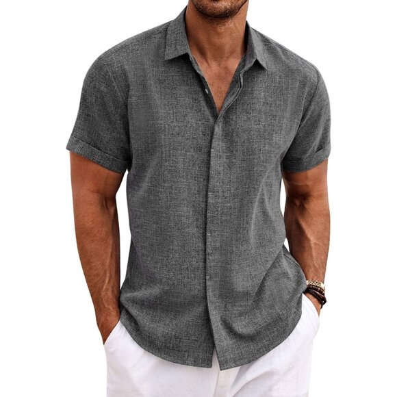 Men's Linen Shirts Short Sleeve Casual Shirts Button Down Shirt - Picture 1 of 6